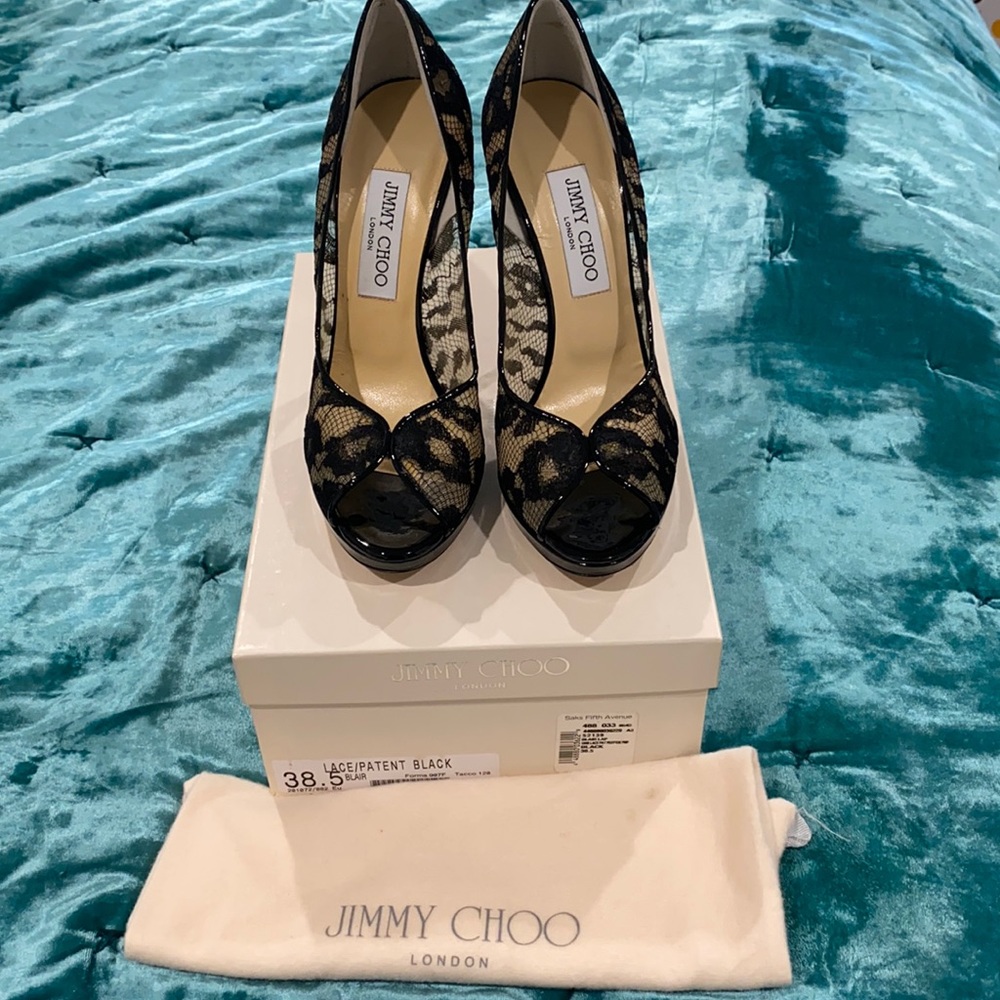 Only warn once Jimmy Choo, lace, black, patent leather pump! Dream shoes!